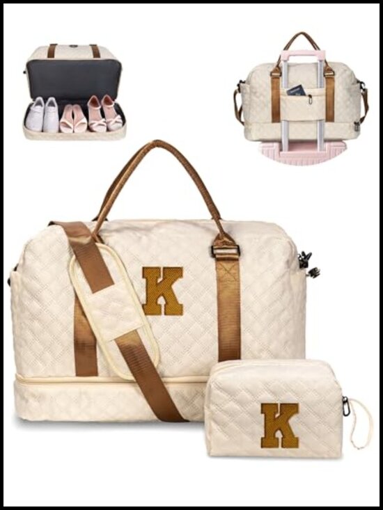 Handbags - Weekender Travel Duffel Bag with Initial Cosmetic Bag Airplane Carry On Gym